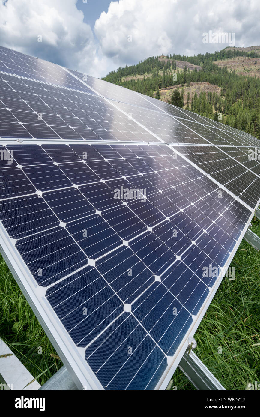 Solar energy panels at the Minam River Lodge in Oregon's Wallowa Mountains. Stock Photo
