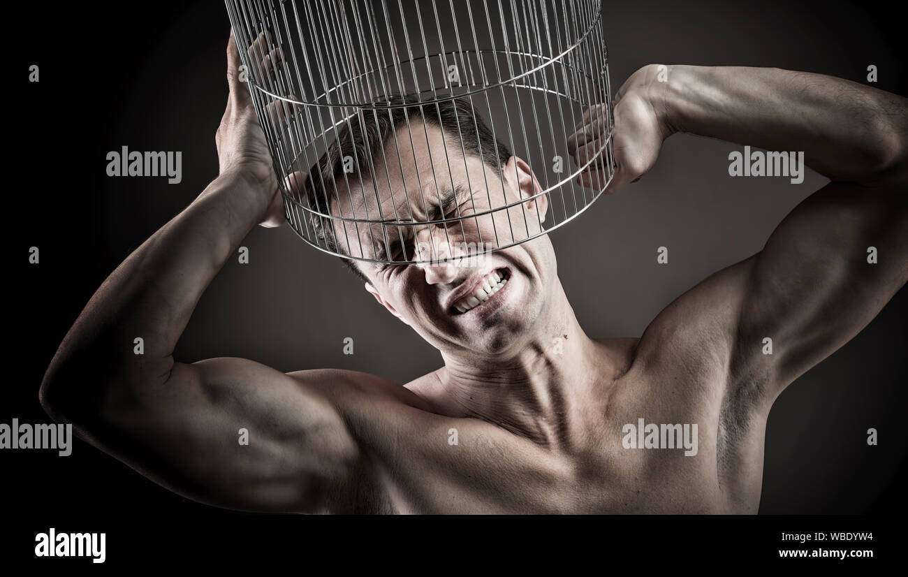 Man with the head inside a birdcage, concept Stock Photo Alamy