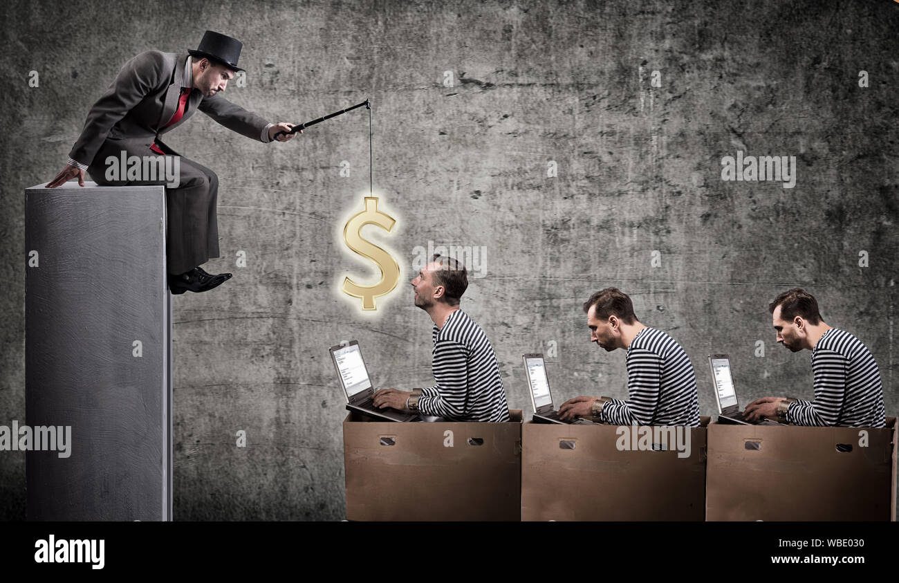 A greedy businessman motivates office workers with a salary. Office