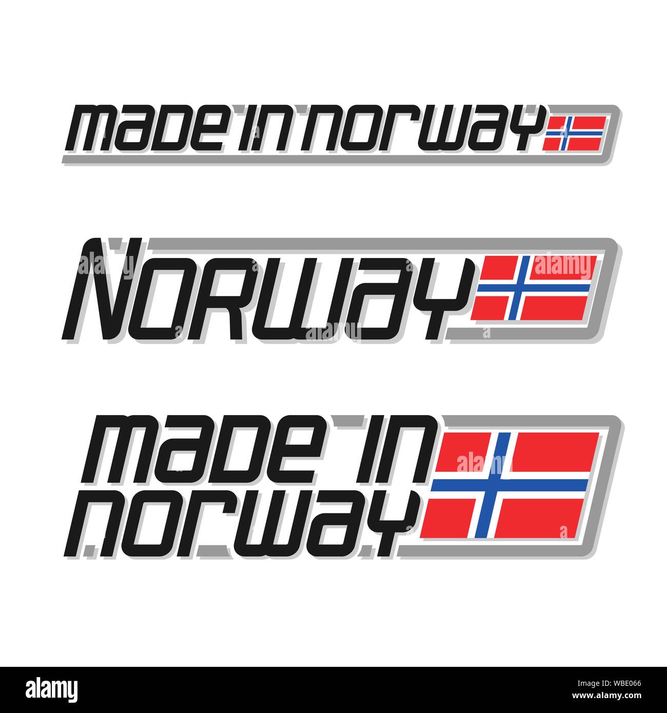 Vector illustration of logo for 'made in Norway', consisting of three isolated norwegian national state flags and text Norway on white background. Stock Vector