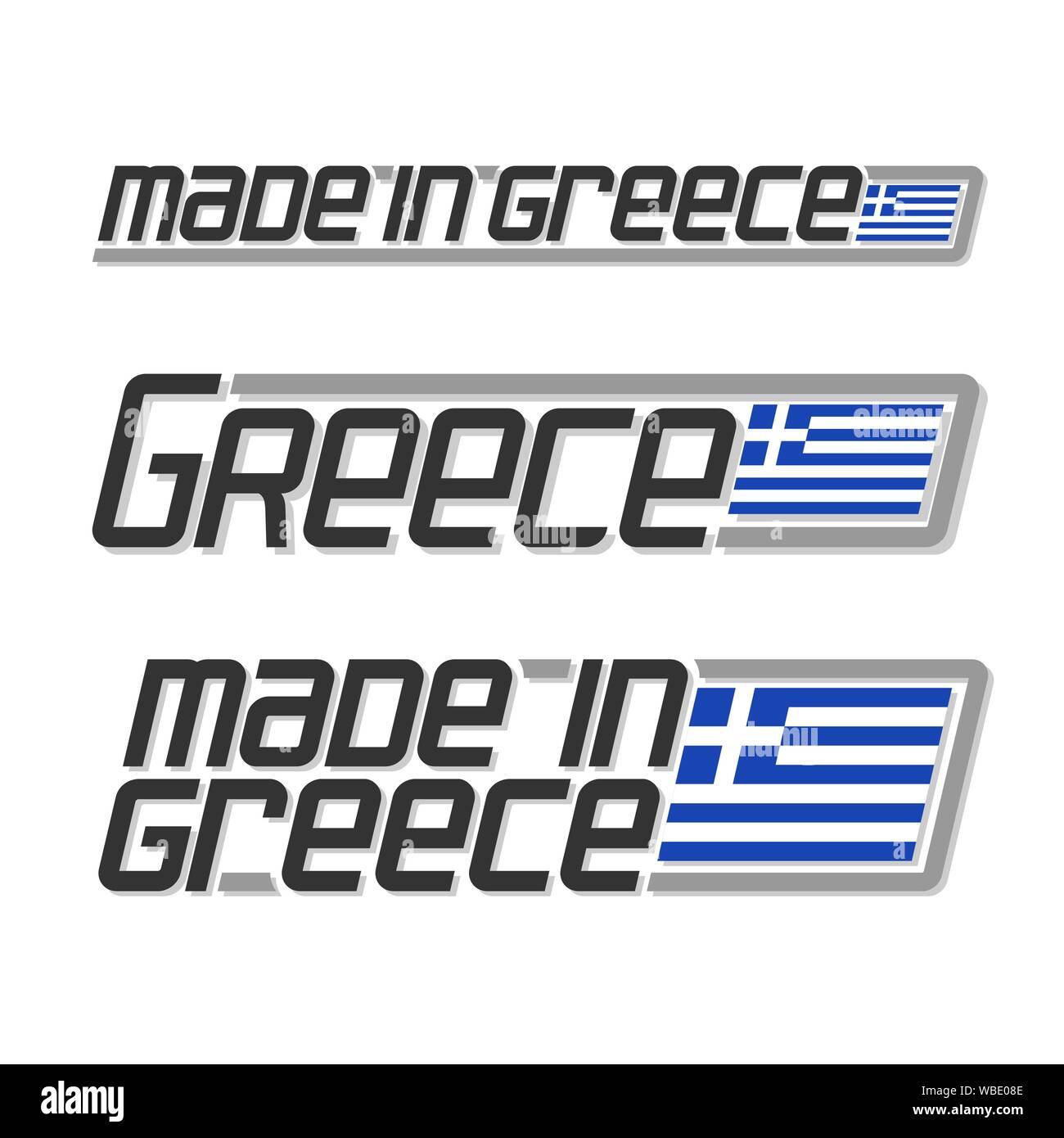 Vector illustration of logo for 'made in Greece', consisting of three isolated greek national state flag and text Greece on white background. Stock Vector