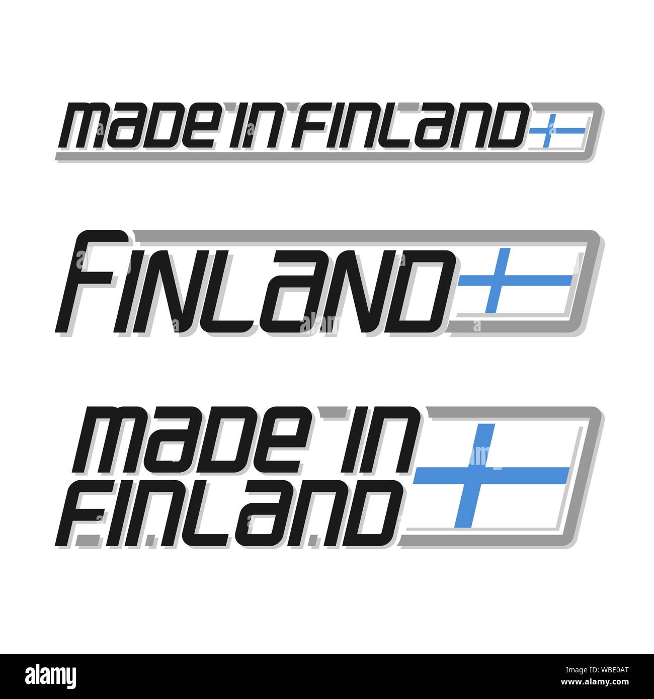 Vector illustration of logo for 'made in Finland', consisting of three isolated finnish national state flags and text Finland on white background. Stock Vector