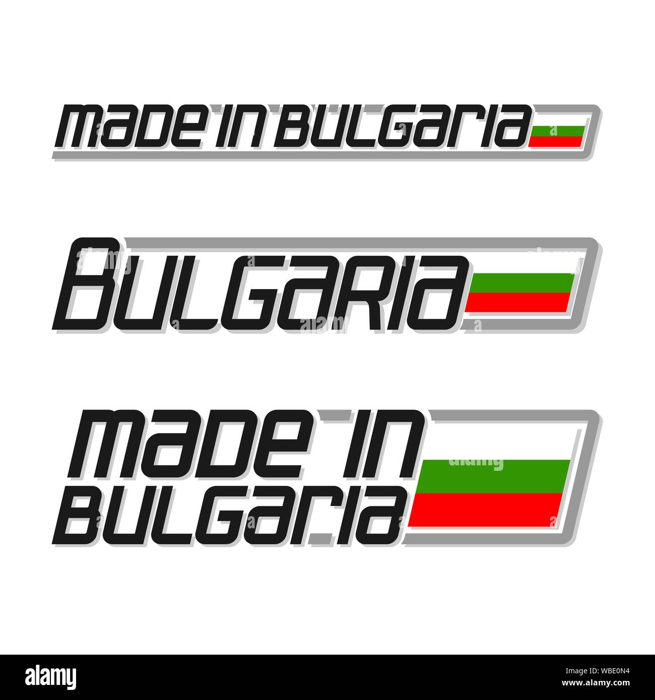 Vector illustration of logo for 'made in Bulgaria', consisting of three isolated flags drawings with bulgarian national state flag and text Bulgaria o Stock Vector