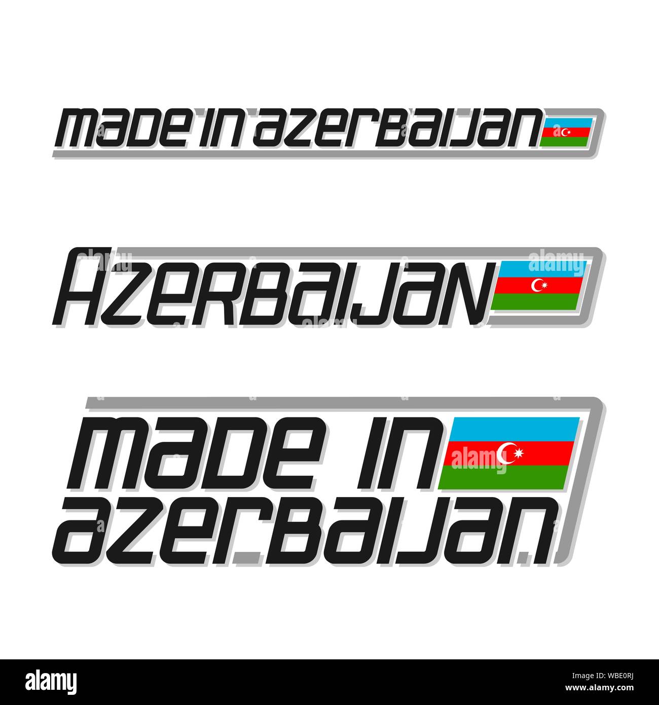 Vector illustration of logo for 'made in Azerbaijan', consisting of three isolated flags drawings with azerbaijanian national state flag and text Azer Stock Vector