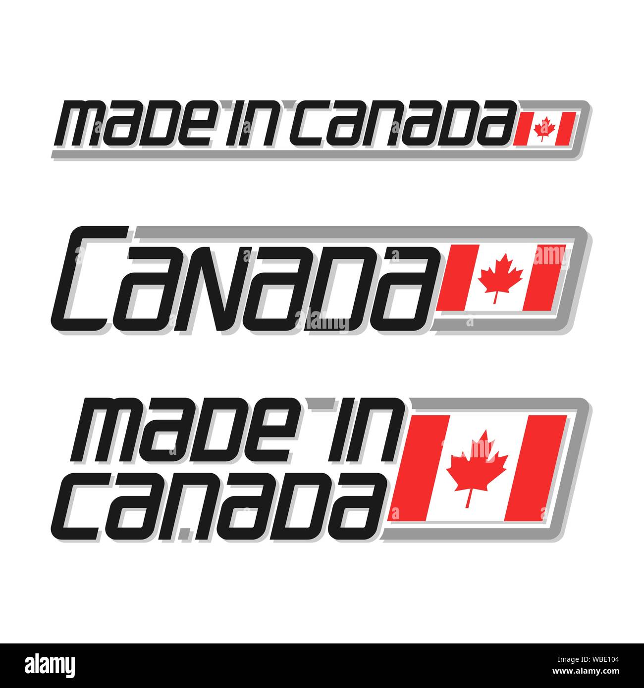 Vector illustration of logo for 'made in Canada', consisting of three isolated flags drawings with canadian national state flag of Canada and text on Stock Vector