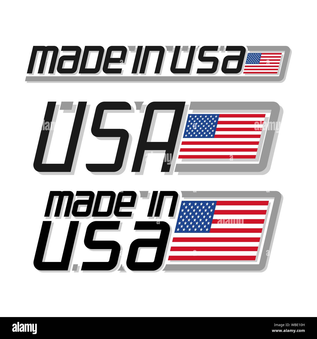 Vector illustration of logo for 'made in USA', consisting of three isolated drawings flags with american national state flag of United States of Ameri Stock Vector