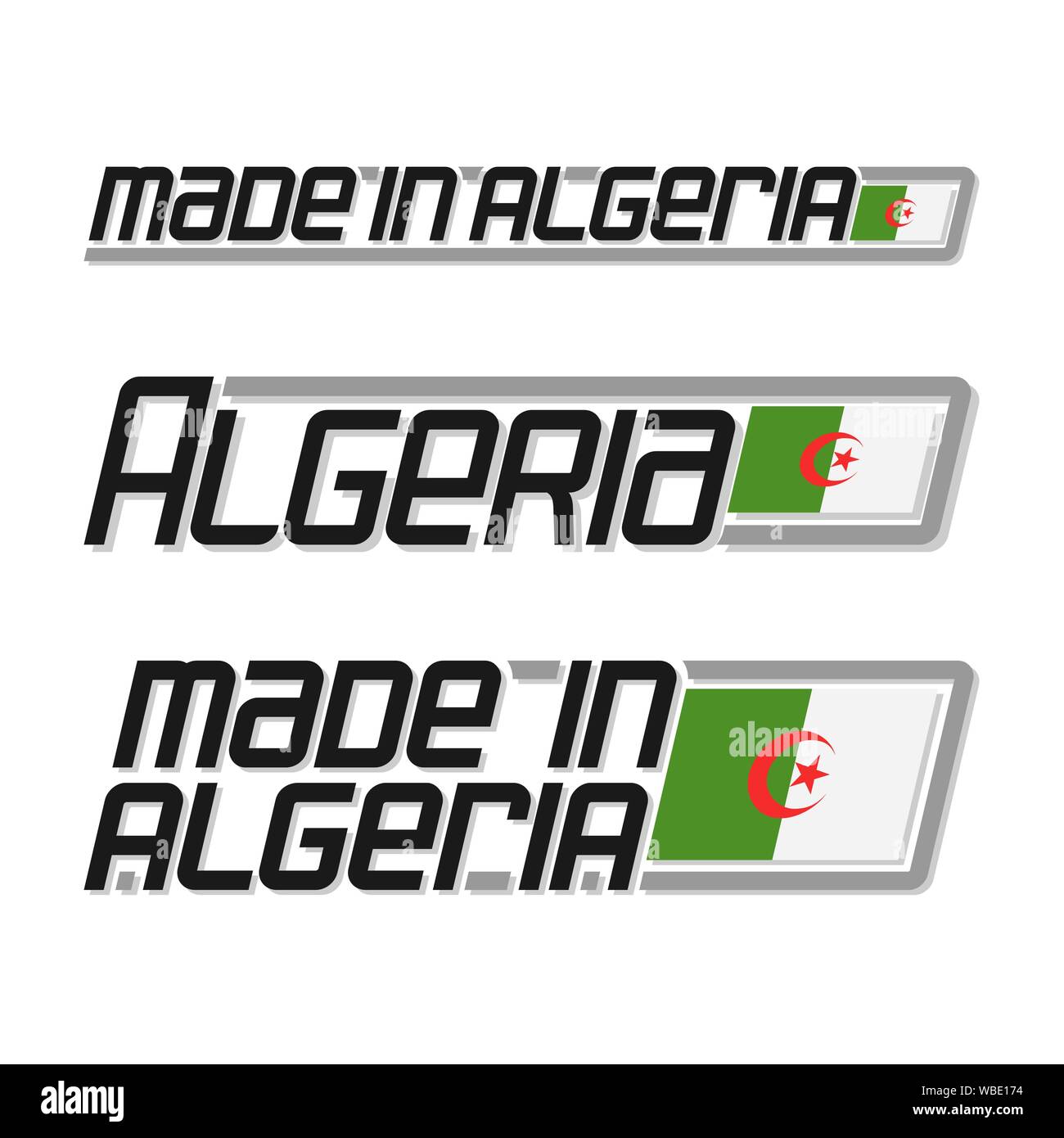 Vector text 'made in Algeria', three isolated algerian national state flag and text algeria on white background. Stock Vector