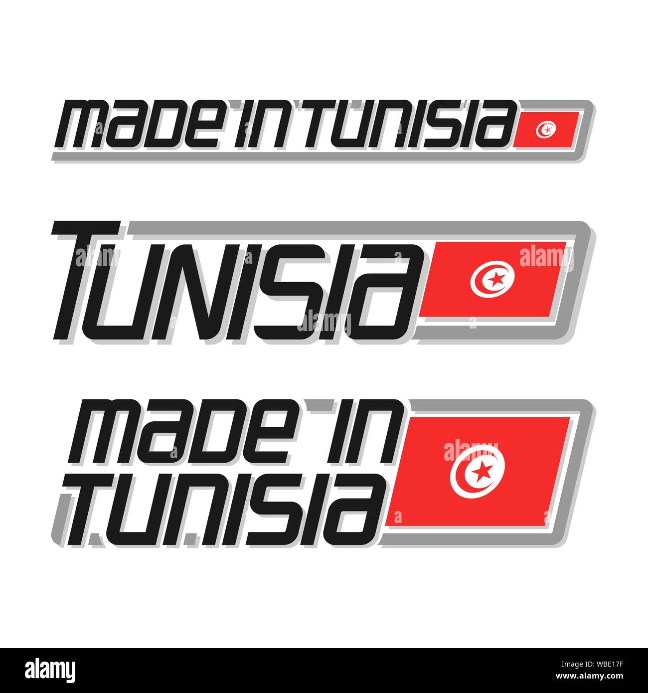 Vector illustration of logo 'made in Tunisia', three isolated tunisian national state flag and text tunisia on white background. Stock Vector