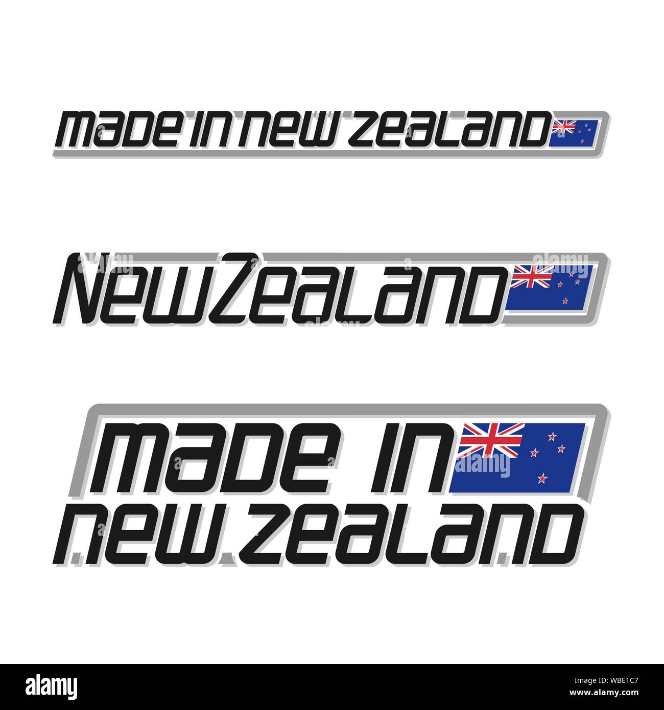 Vector text made in New Zealand, isolated zealander national state flag and text new zealand on white. Stock Vector