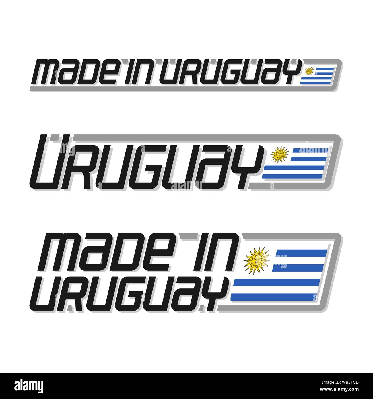 Vector illustration of logo 'made in Uruguay', set of Uruguayan national state flags and text uruguay on white background. Stock Vector