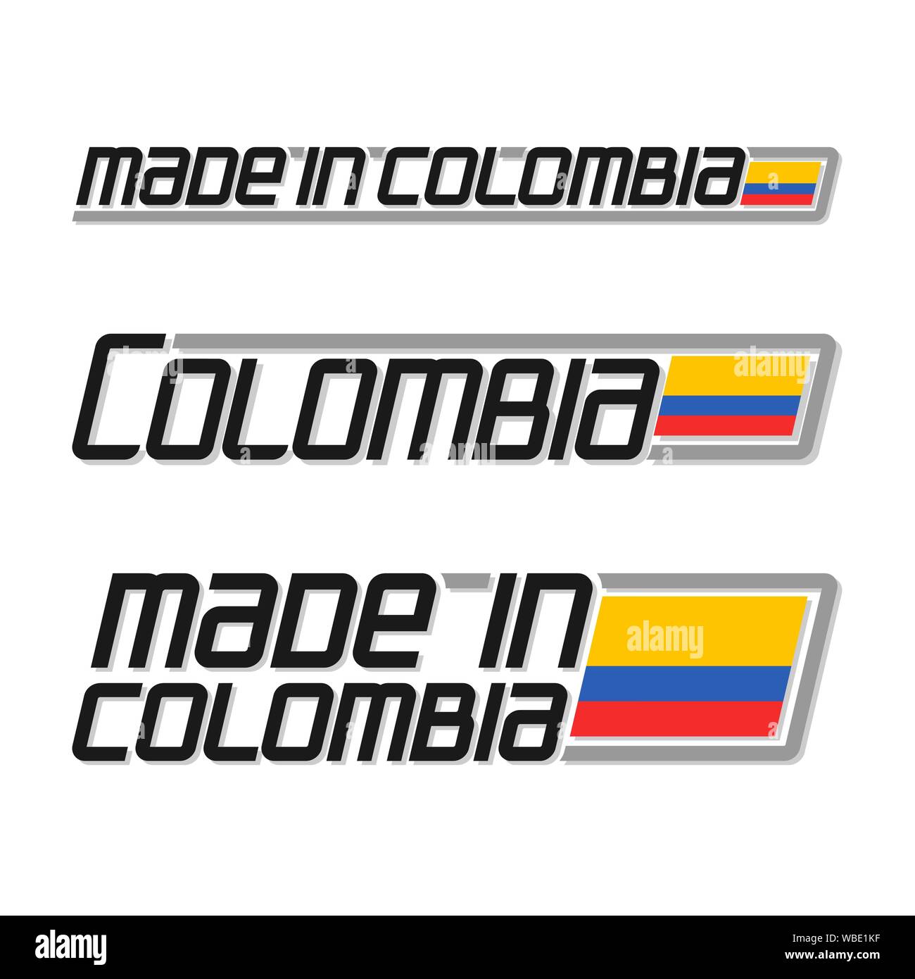 Vector illustration of logo 'made in Colombia', three isolated Colombian national state flags and text colombia on white background. Stock Vector