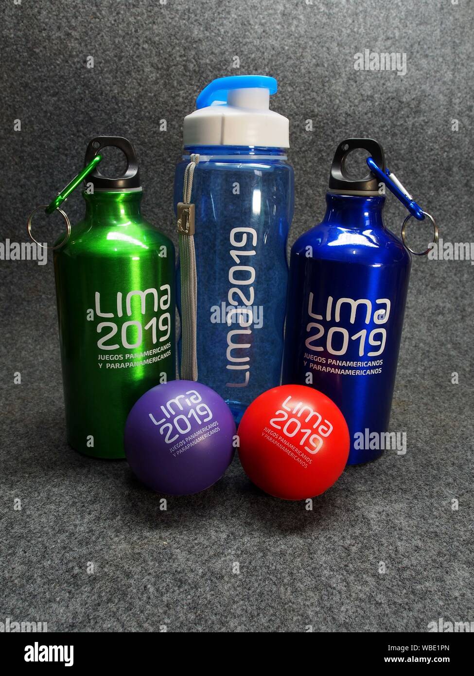 Bottles, and rubber balls, souvenirs of the   Lima 2019 Pan American and Parapan American Games Stock Photo