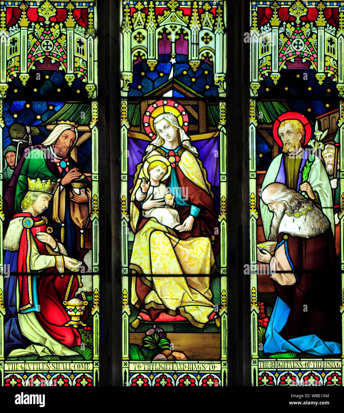 Epiphany,  Mary, Jesus,Three Kings, Wise Men, stained glass window by Mayer & Co. 1873, Brinton, Norfolk, UK Stock Photo