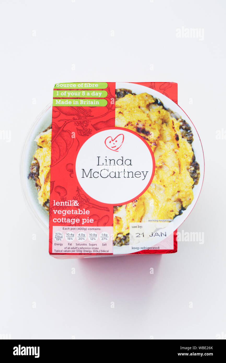 Linda McCartney lentil and vegetable cottage pie on a white background. Stock Photo