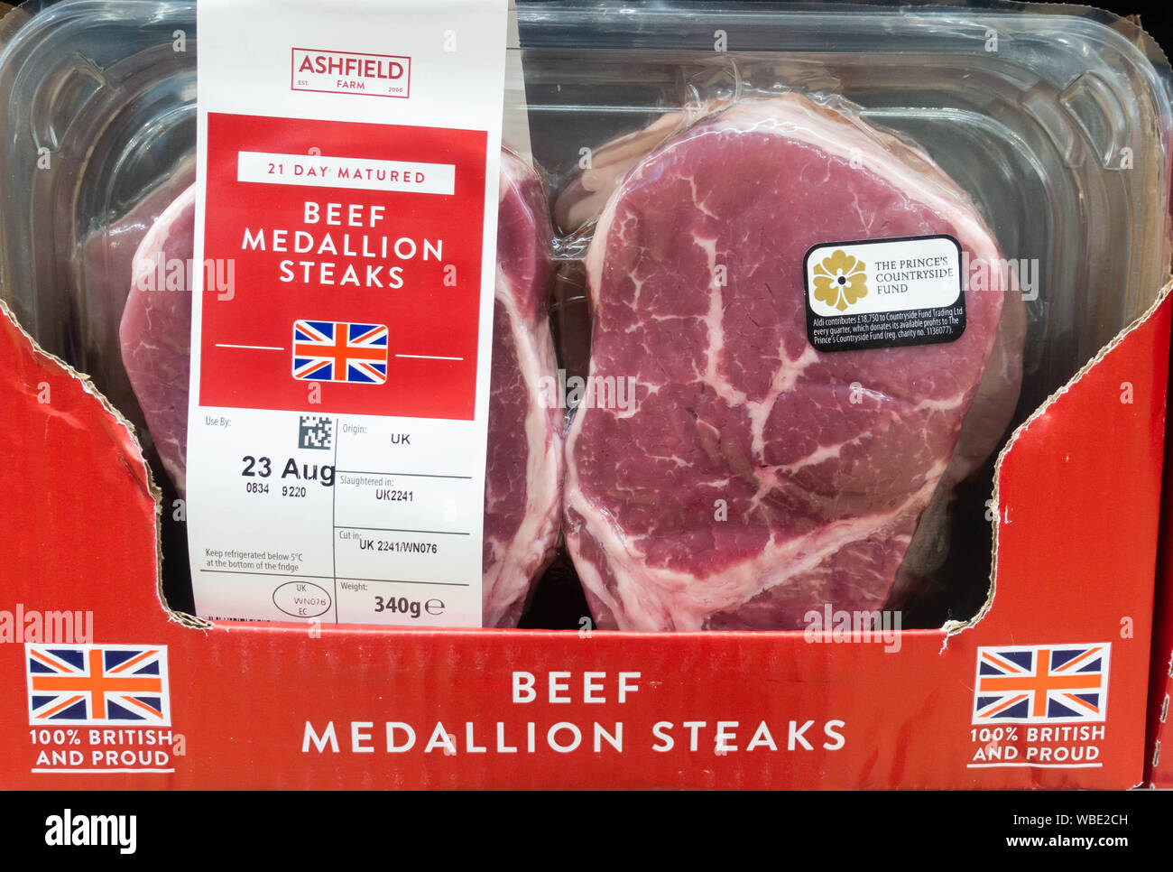Beef steaks in plastic packaging in Aldi supermarket. UK Stock Photo