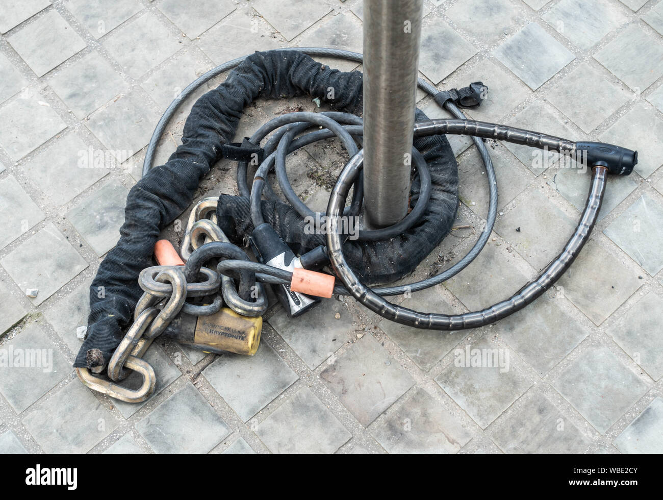 Cycle, bike,bicycle locks on city centre bike rack. UK Stock Photo Alamy