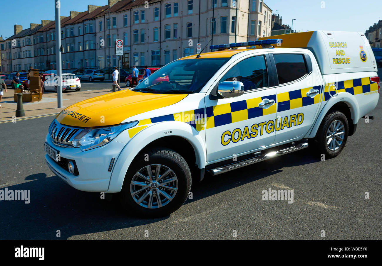 Coastguard Search and Rescue vehicle watching the Beach at Redcar during the August Bank Holiday Weekend Stock Photo