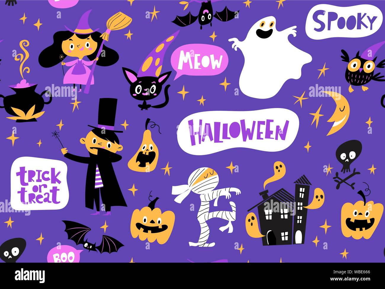 Vector seamless pattern for Halloween with funny cartoon characters. Stock Vector