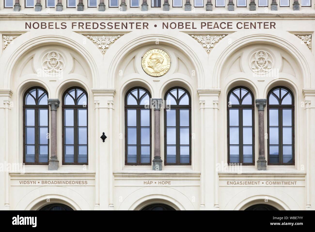 Oslo, Norway - August 27, 2018: Facade of the Nobel peace center. The Nobel Peace Center in Oslo is a showcase for the Nobel Peace Prize Stock Photo