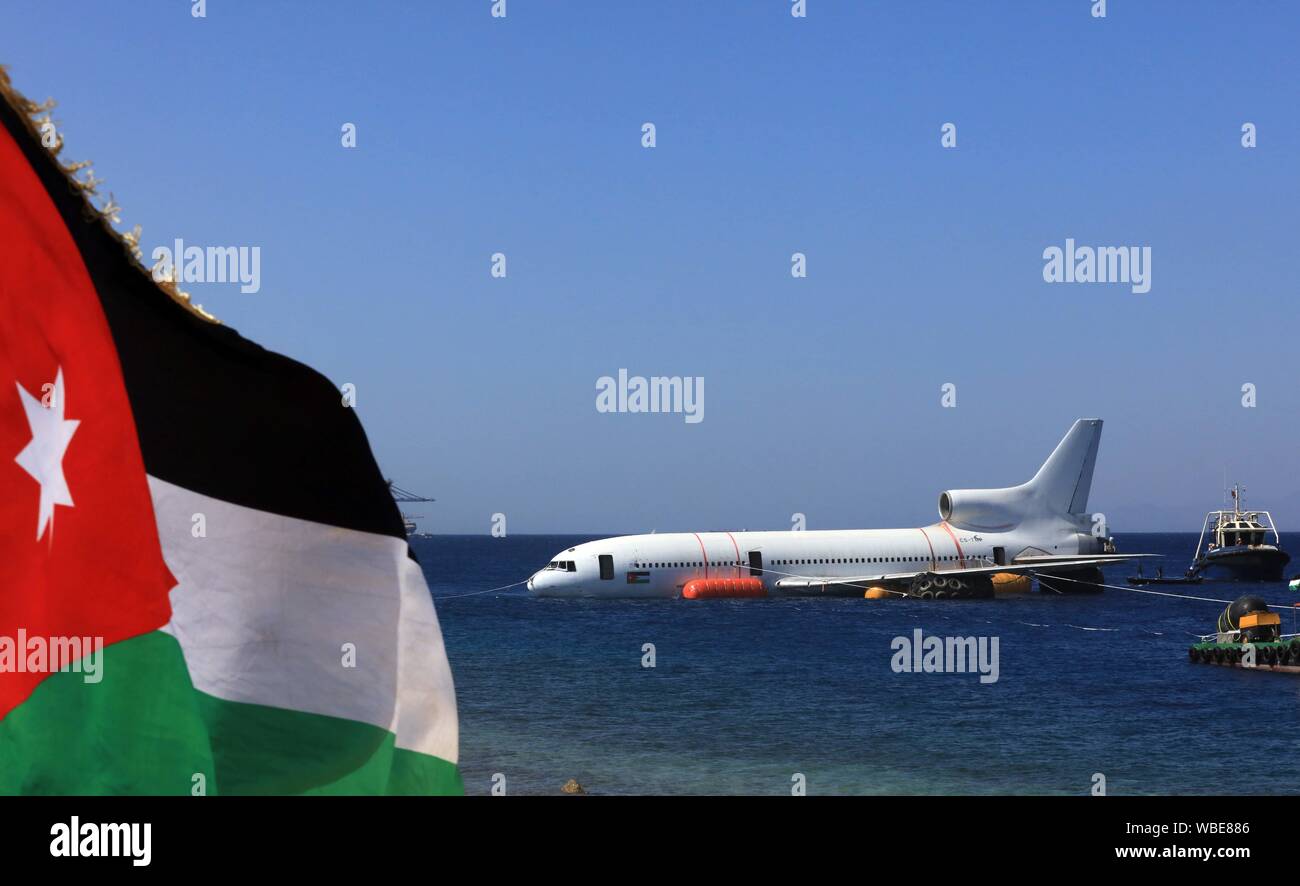 Aqaba, Jordan. 26th Aug, 2019. A Lockheed L-1011 Tristar plane is submerged in the Red Sea in Aqaba, Jordan, on Aug. 26, 2019. The Aqaba Special Economic Zone Authority (ASEZA) in Jordan on Monday sunk a disused commercial aircraft to Aqaba's Underwater Military Museum Dive Site to help boost marine life. Credit: Xinhua/Alamy Live News Stock Photo