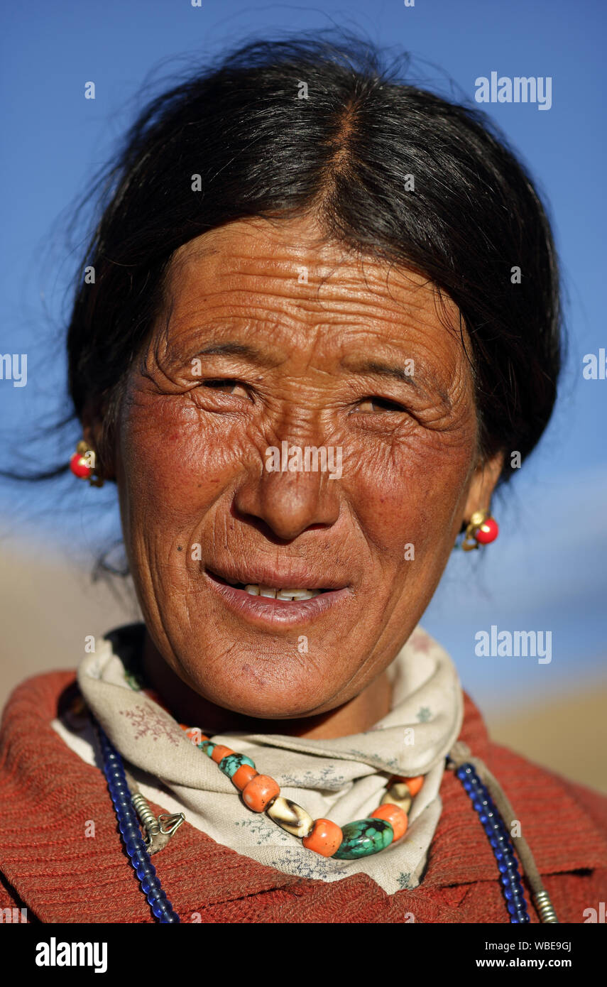 Nomadic woman in the high altitude plateau Changtang of the Himalayas, Ladakh Stock Photo
