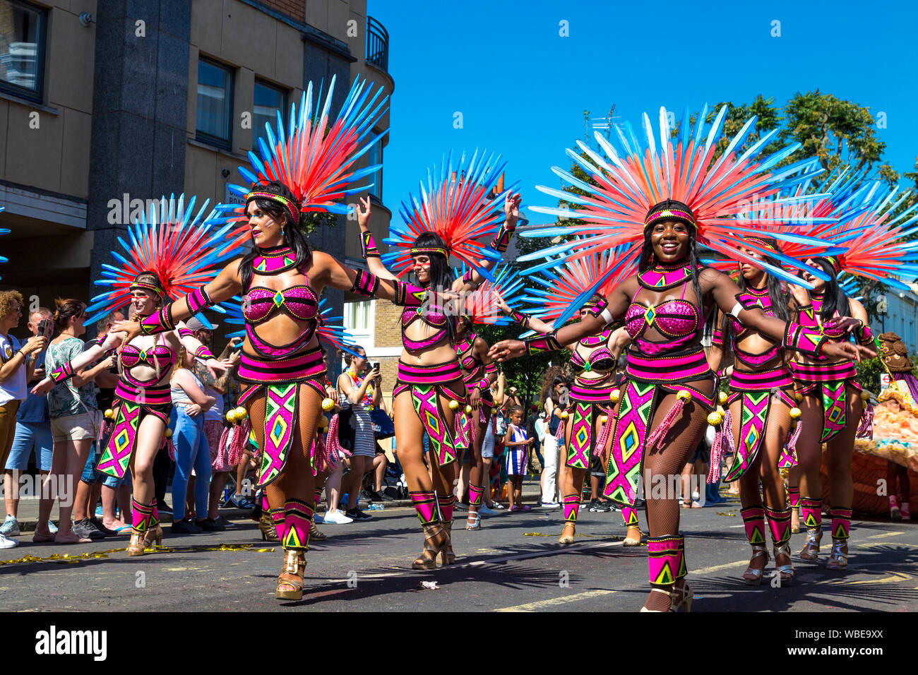 26 August 2019 - group of samba dancers wearing Native American inspired costumes, Notting Hill Carnival on a hot Bank Holiday Monday, London, UK Stock Photo