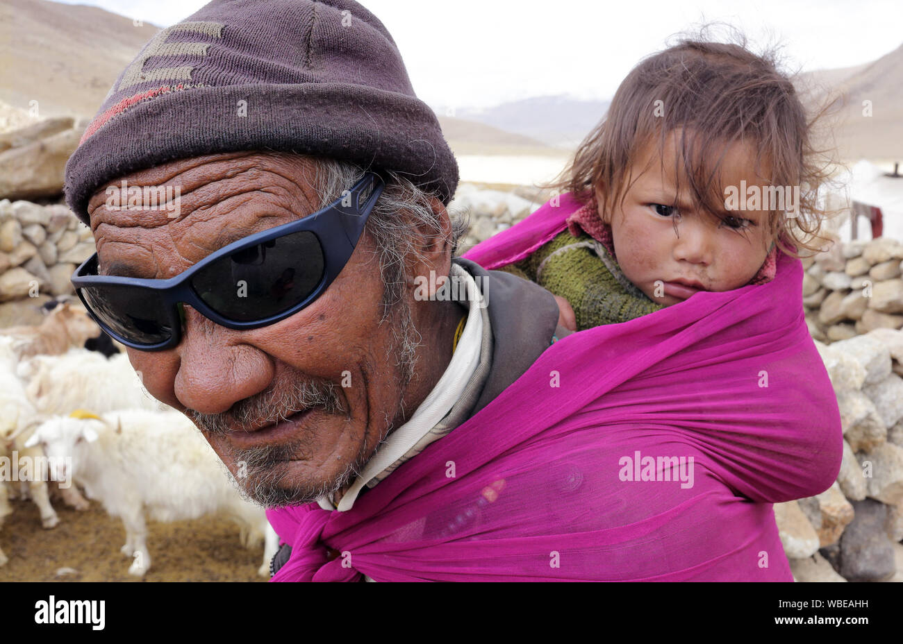 Nomad with child in the high altitude plateau Changtang of the Himalayas, Ladakh Stock Photo