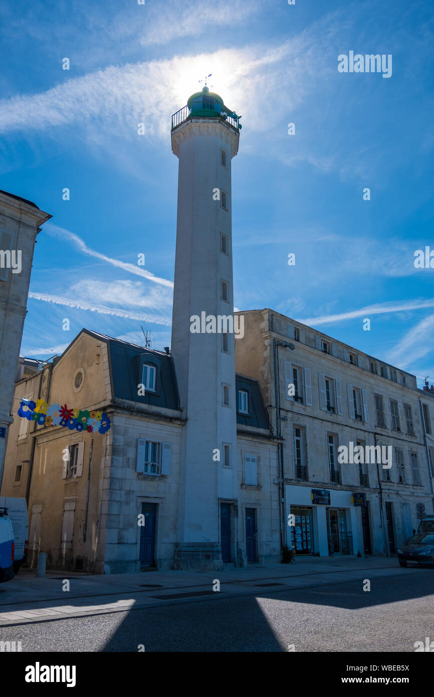 La Rochelle, France - May 08, 2019: The lighthouse of Quai Valin in the Old Port of La Rochelle, France Stock Photo