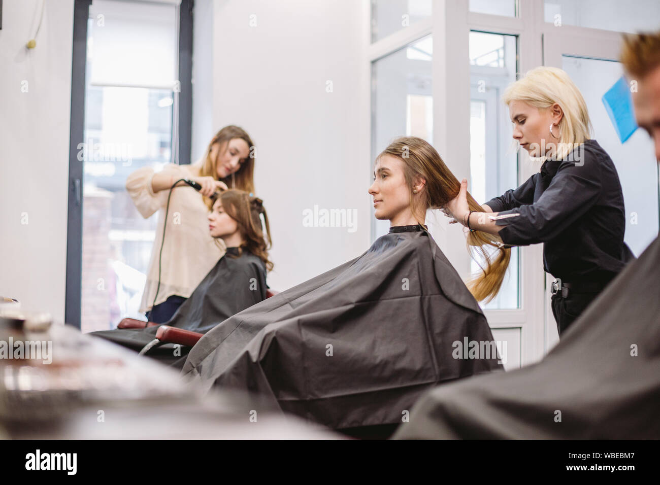 beautiful woman combing wet hair. stylist brushing woman hair in salon. Hairdresser Serving Customer. Professional Young Hairdresser Working With Comb Stock Photo