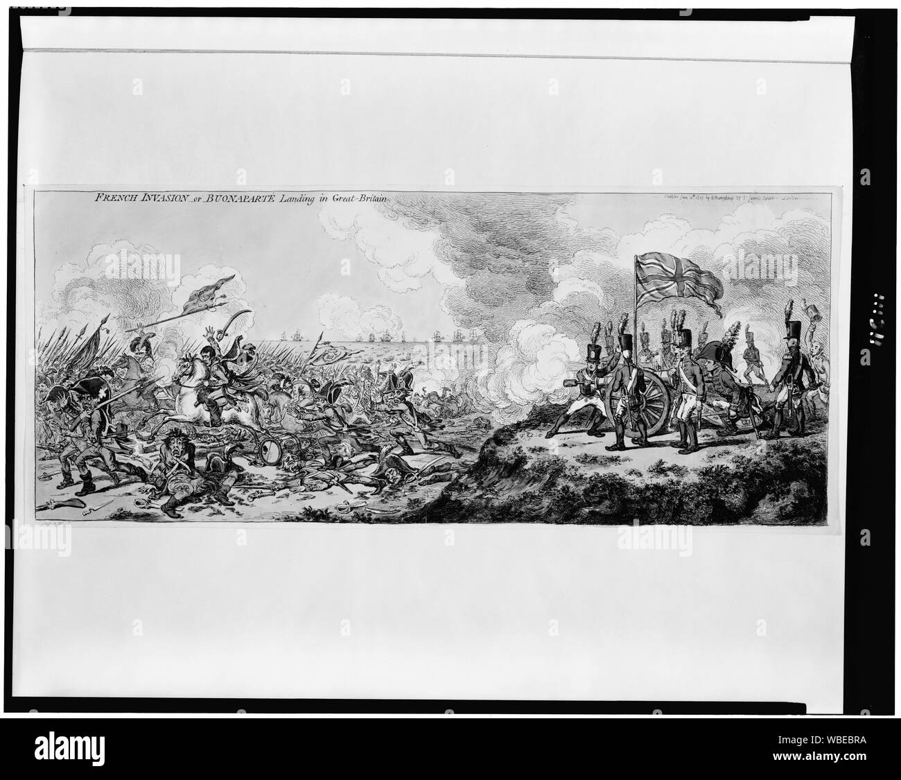 French invasion - or - Buonaparte landing in Great-Britain Abstract: Cartoon showing Napoleon and his army, on seashore, fleeing from English soldiers with a British flag and two cannons on a low sandy cliff. Stock Photo