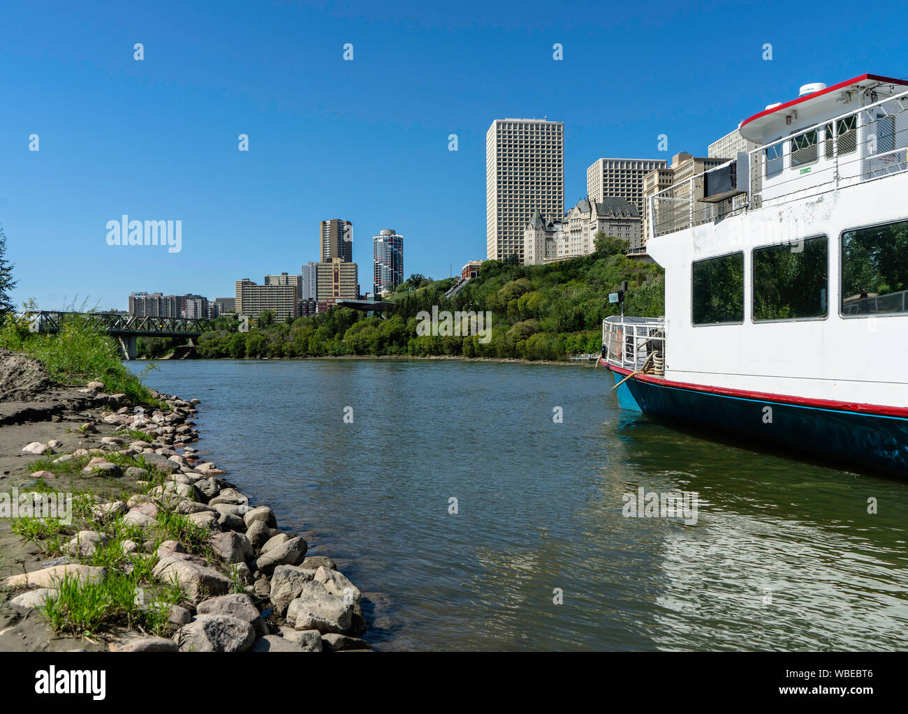 Stunning view of downtown Edmonton, Alberta, Canada. Taken on sunny summer day from River Valley Park. Stock Photo