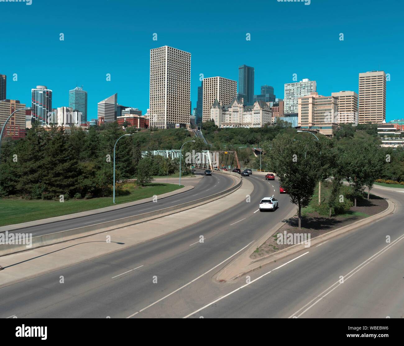 Stunning view of downtown Edmonton, Alberta, Canada. Taken on sunny summer day from River Valley Park. Stock Photo