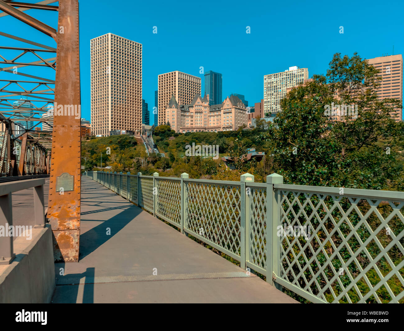 Stunning view of downtown Edmonton, Alberta, Canada. Taken on sunny summer day from River Valley Park. Stock Photo