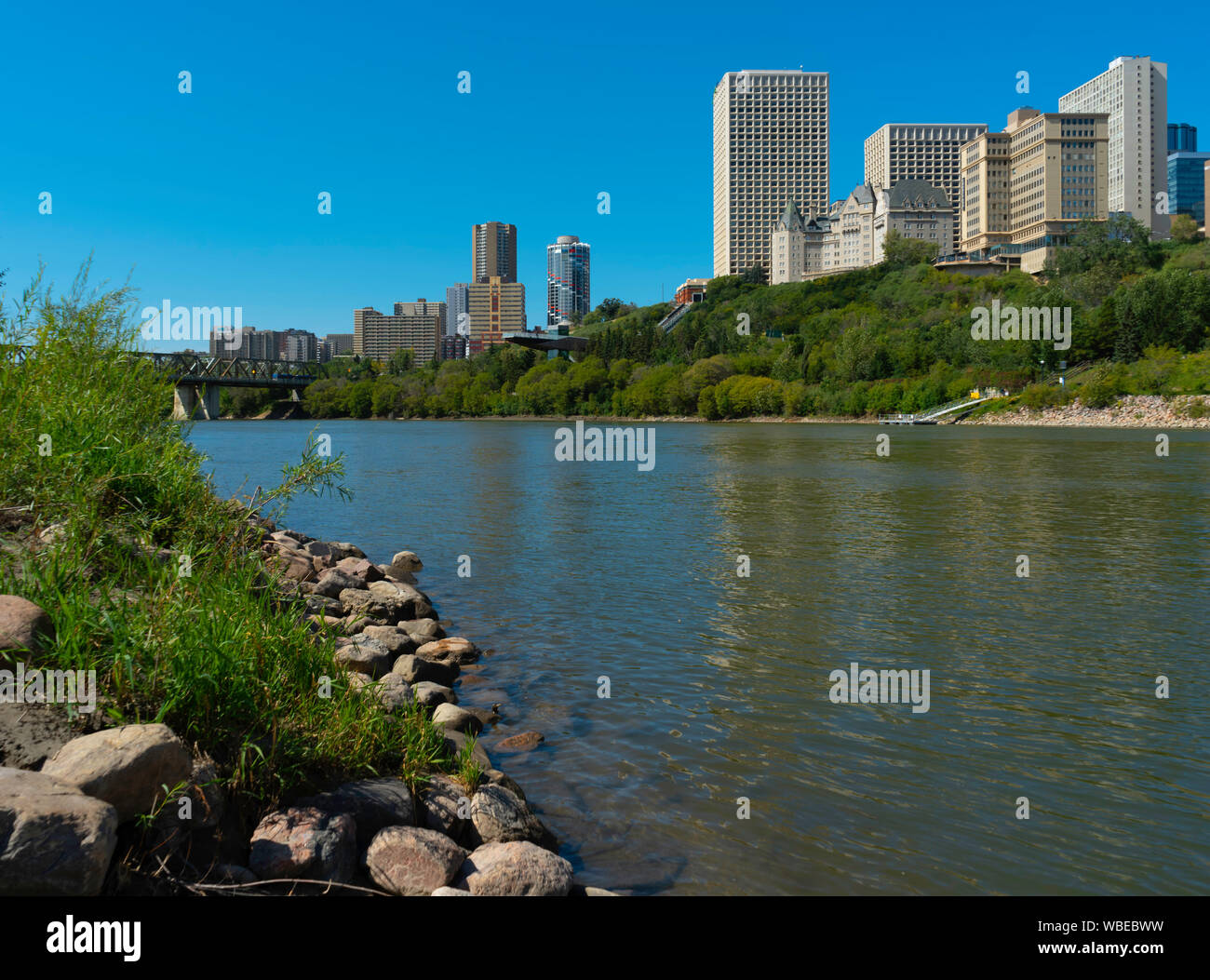 Stunning view of downtown Edmonton, Alberta, Canada. Taken on sunny summer day from River Valley Park. Stock Photo