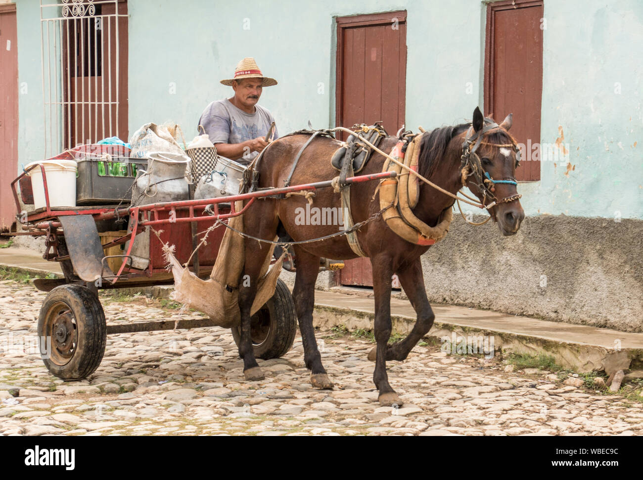 Trinidad, Cuba, Nov 27, 2017 A Cuban merchant rides a horsedrawn