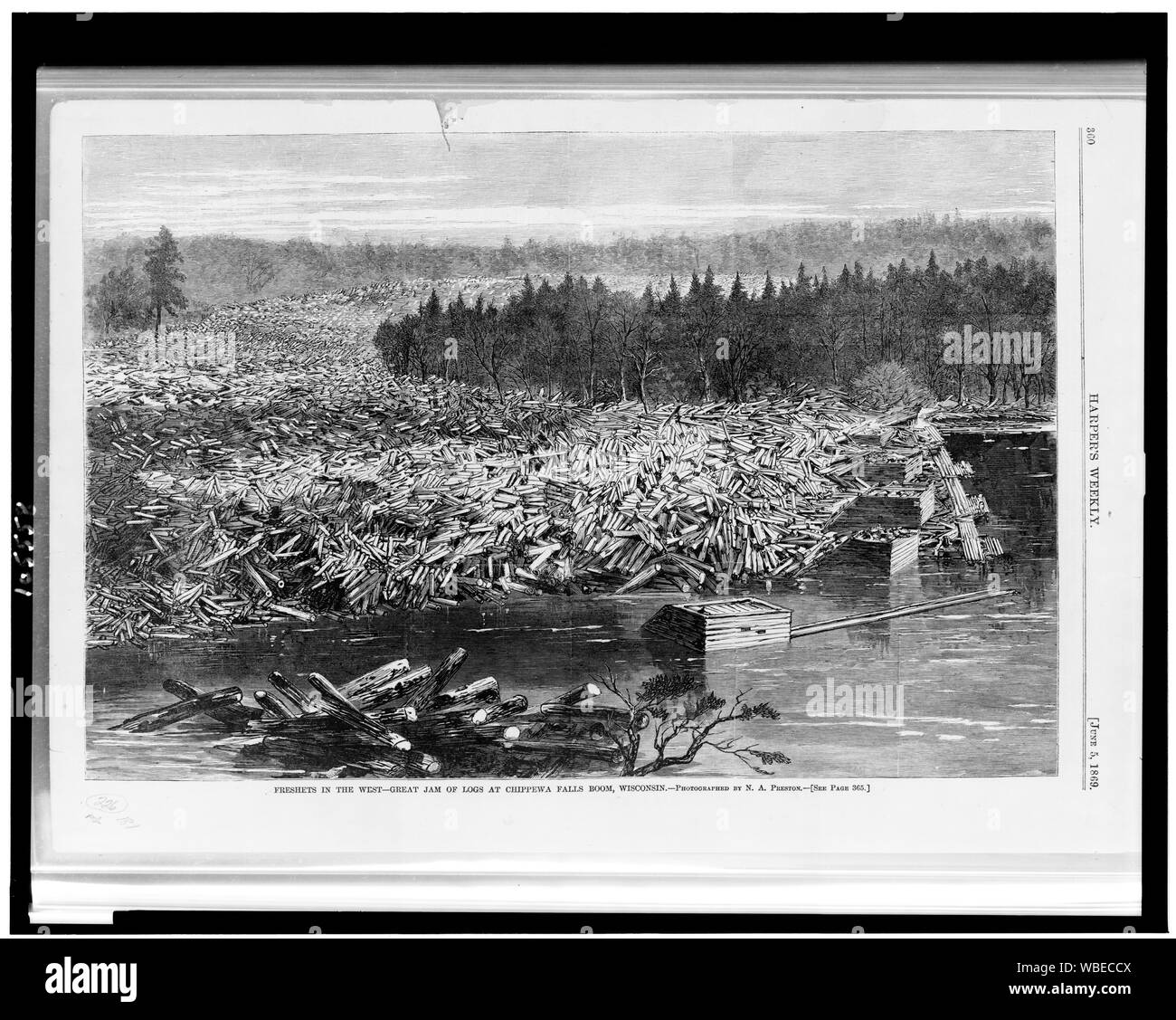 Freshets in the West--great jam of logs at Chippewa Falls boom, Wisconsin / Photographed by N.A. Preston. Abstract/medium: 1 print : wood engraving. Stock Photo
