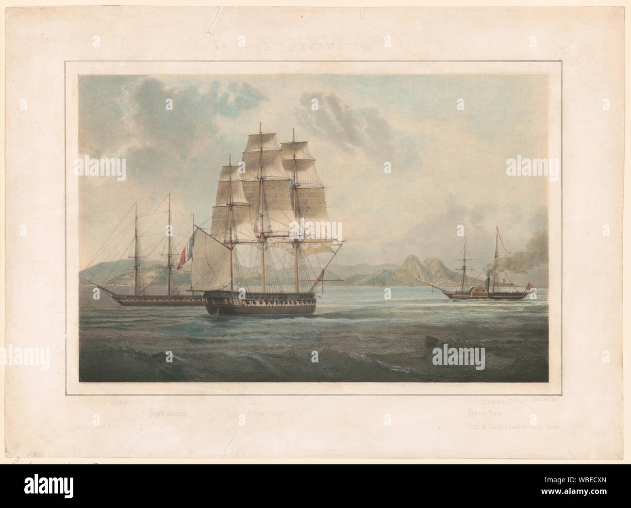 Frigate America & frigate La Rein Blanche. Text reads: St. Domingo, Fregata America, Fregate a Reine Blanche, Vapor do Norte, Fortaleza de Sta. Cruz, at Rio De Janeiro. Martinet Lith. (Alfred Martinet, 1821-1875). Lith. de Heatone e Rensburg, Rio de Janeiro. Some parts of text illegible. The image found here names the America frigate as the USS Constitution.  http://acervo.bndigital.bn.br/sophia/index.asp?codigo sophia=11107  The USS Constitution arrived at Rio 2 August 1844 and sailed out on 8 Sept 1844; she next arrived on 28 July 1846 and sailed out 5 August 1866. See http://bowerbird-media Stock Photo