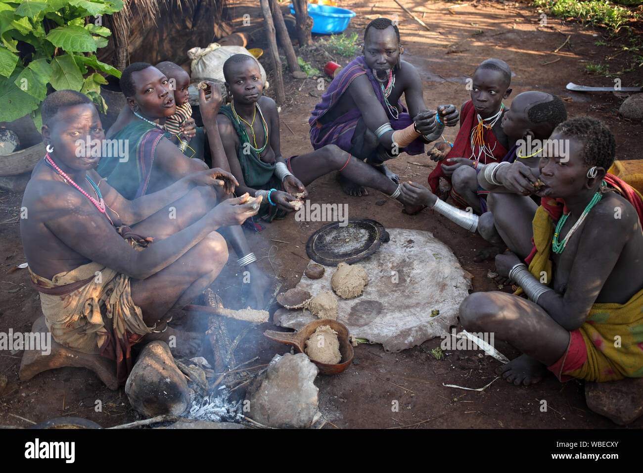 Suri tribal people at a ceremony in a village near Kibish, South Omo, Ethiopia Stock Photo