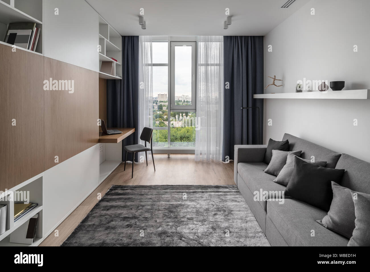 Room in a modern style with white walls and a parquet with a carpet on the floor. There is a gray sofa with pillows, shelves with books and accessorie Stock Photo