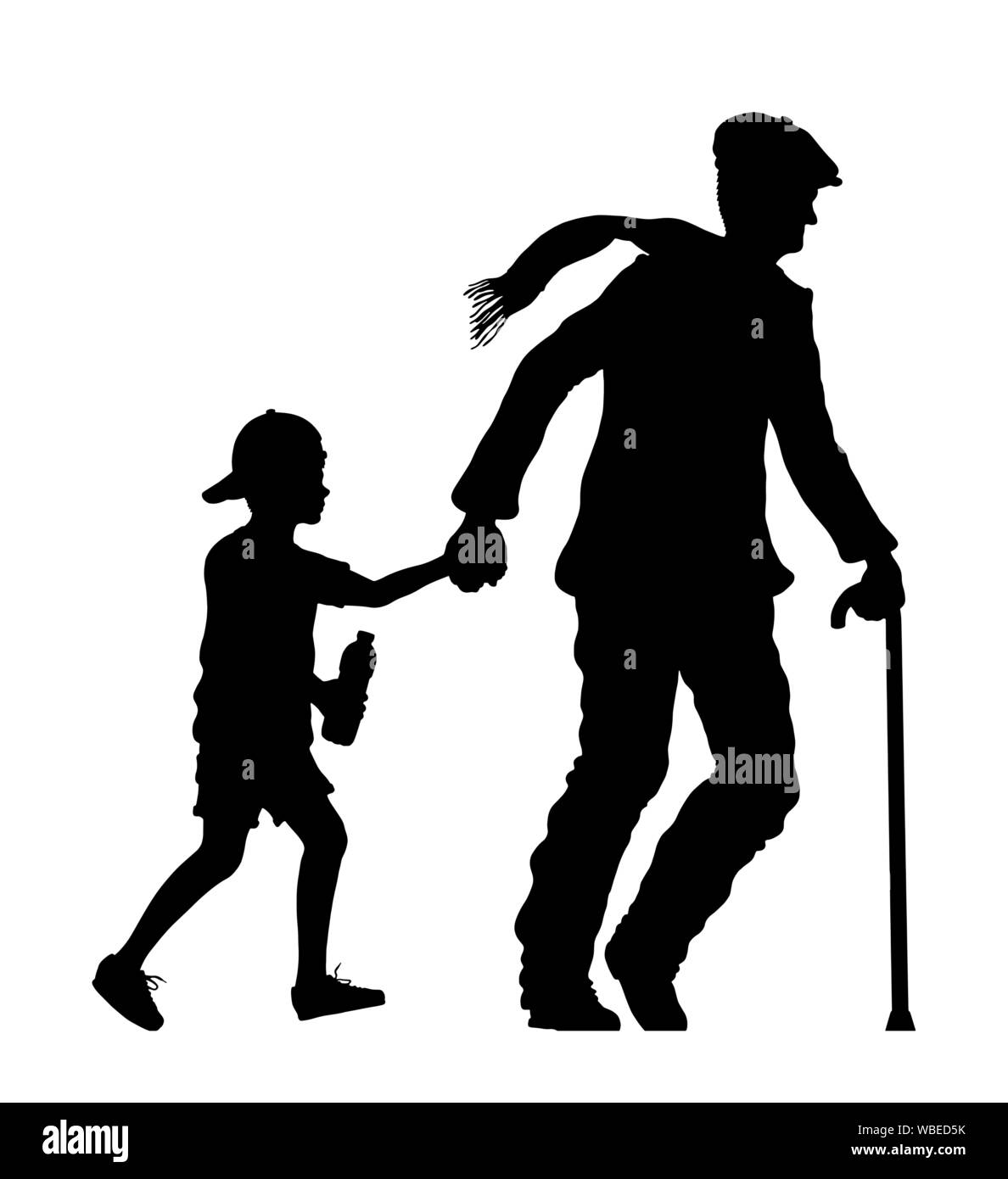 Immigrant old man and his grandson silhouette. The silhouette objects and background are in different layers. Stock Vector