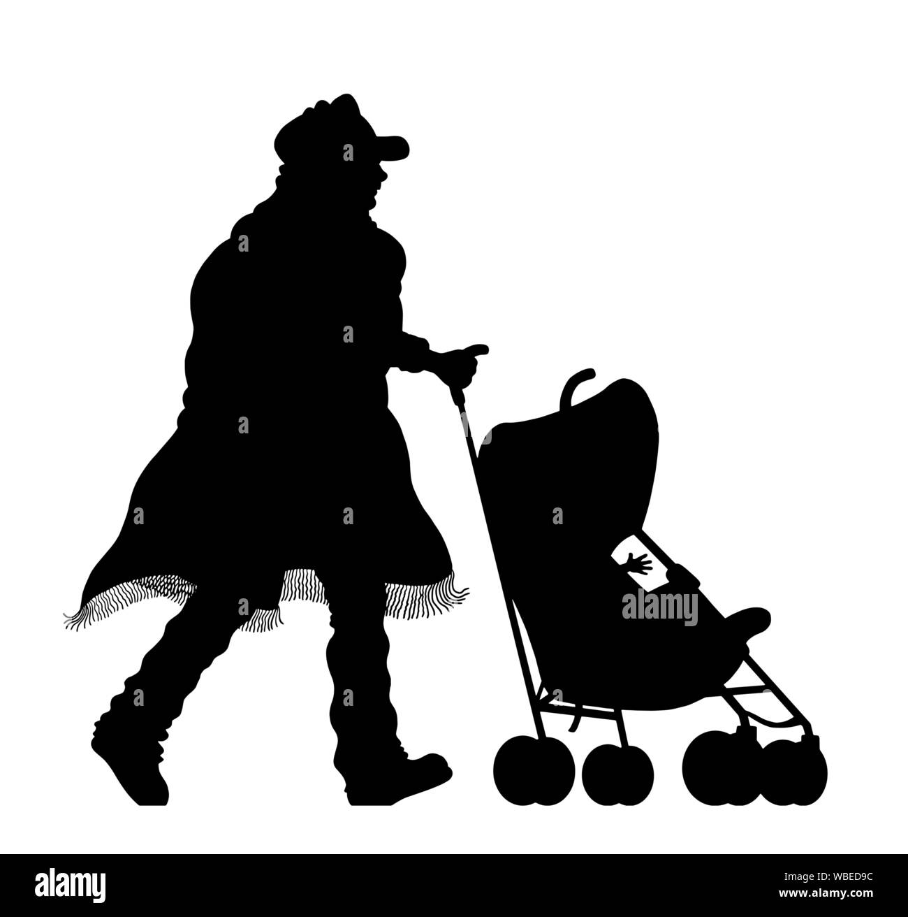 Immigrant man silhouette with stroller and baby. The silhouette objects and background are in different layers. Stock Vector