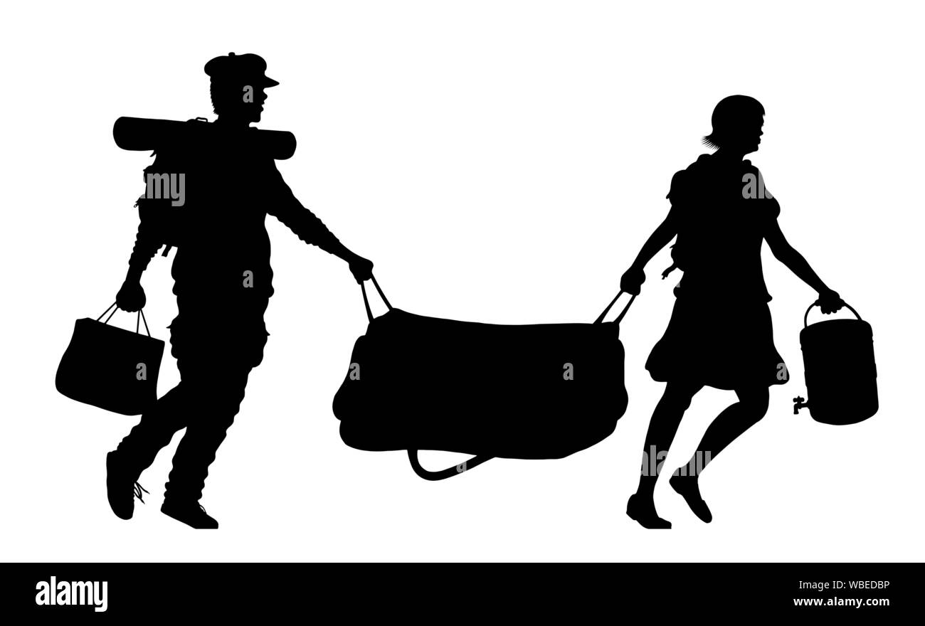 Immigrant couple silhouette with baggages and bags. The silhouette objects and background are in different layers. Stock Vector