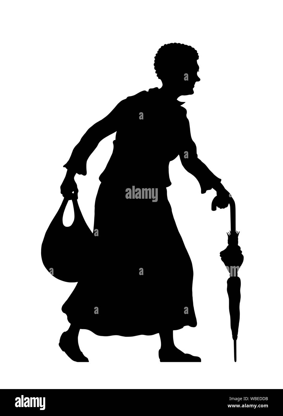 Refugee old woman silhouette with umbrella and bag. The silhouette objects and background are in different layers. Stock Vector