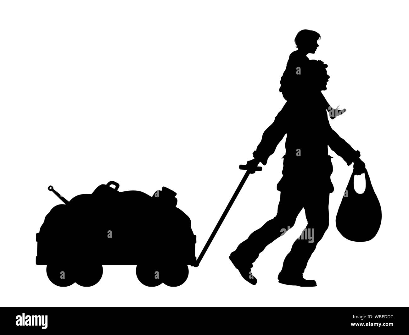 Refugee man and his son silhouette with cart. The silhouette objects and background are in different layers. Stock Vector
