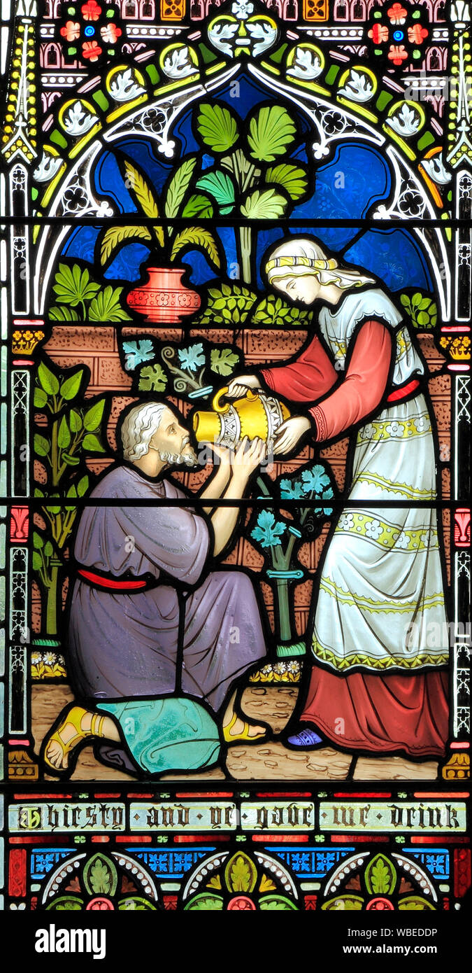 Corporal Acts of Mercy window, stained glass  by Frederick Preedy, 1868,  giving water to the thirsty, Gunthorpe, Norfolk, England, UK, detail Stock Photo