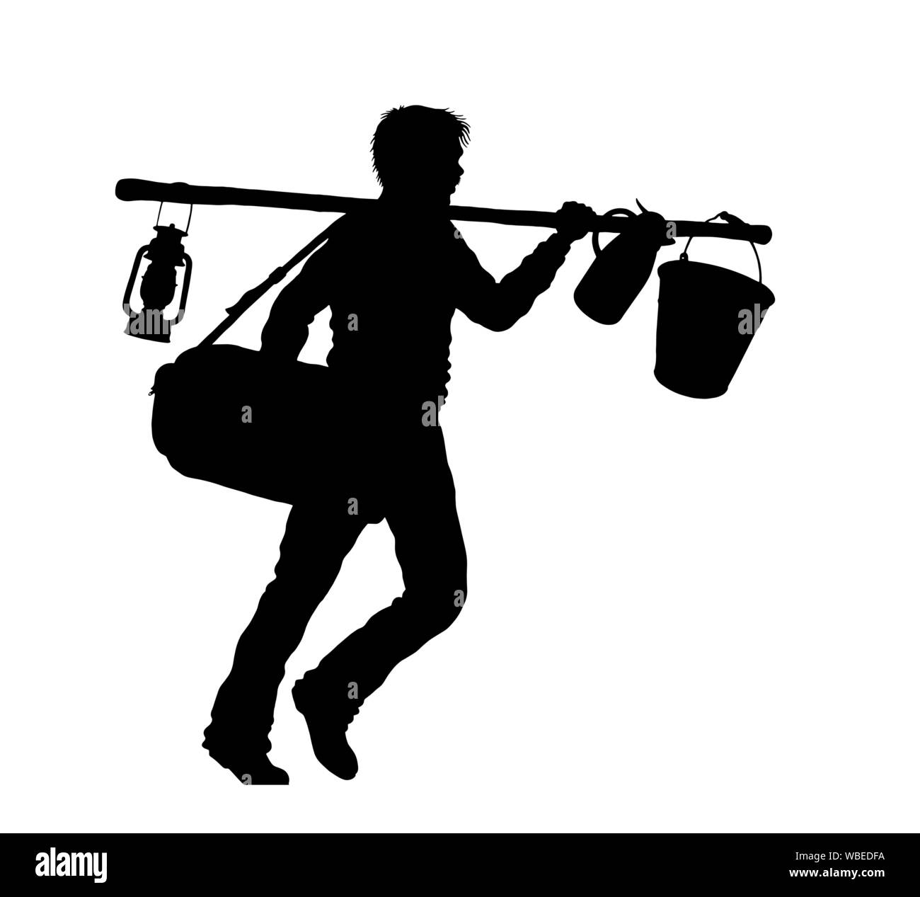 Refugee man silhouette with valise and camping tools. The silhouette objects and background are in different layers. Stock Vector