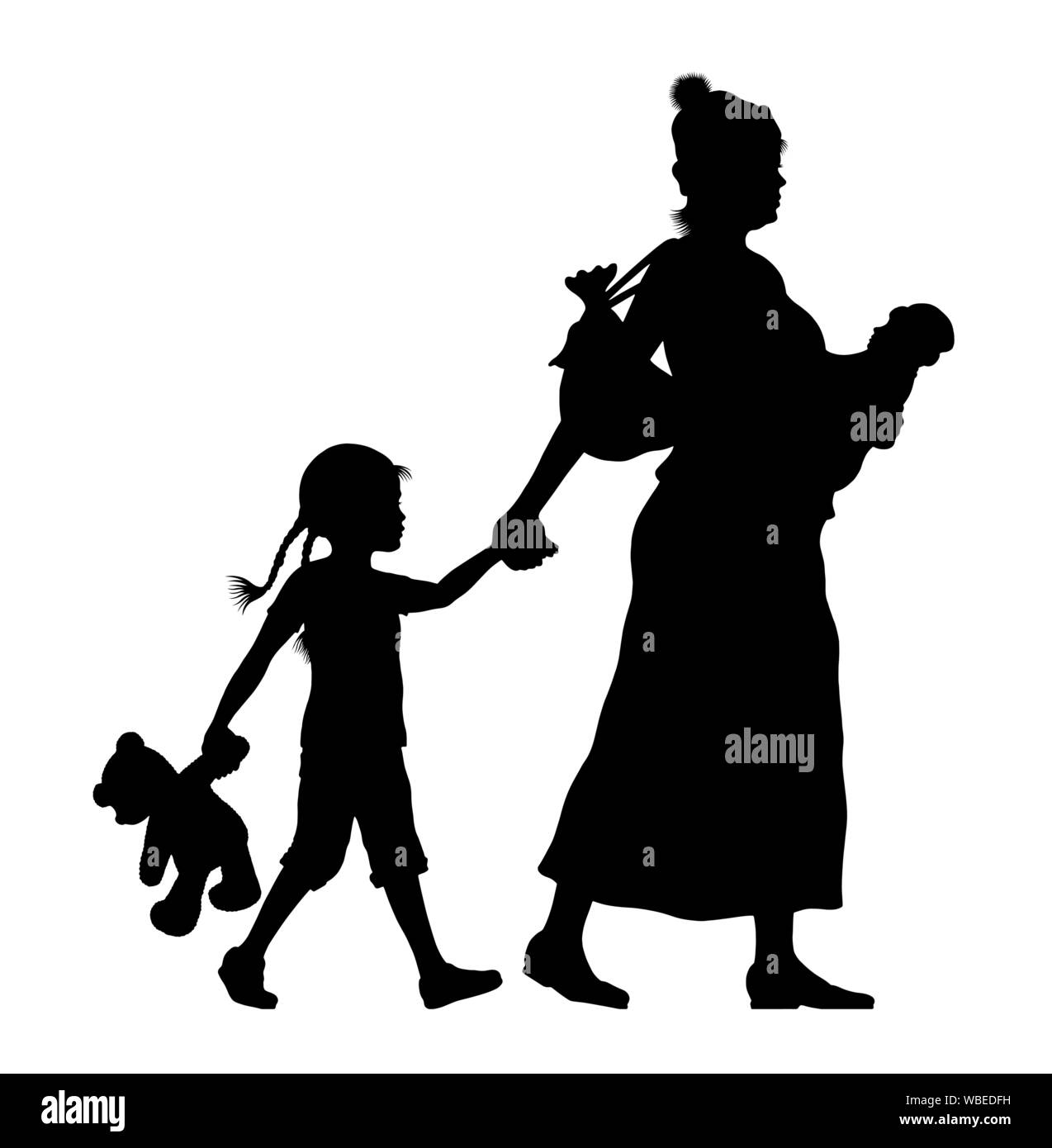 Refugee woman with her baby and little daughter silhouette. The silhouette objects and background are in different layers. Stock Vector