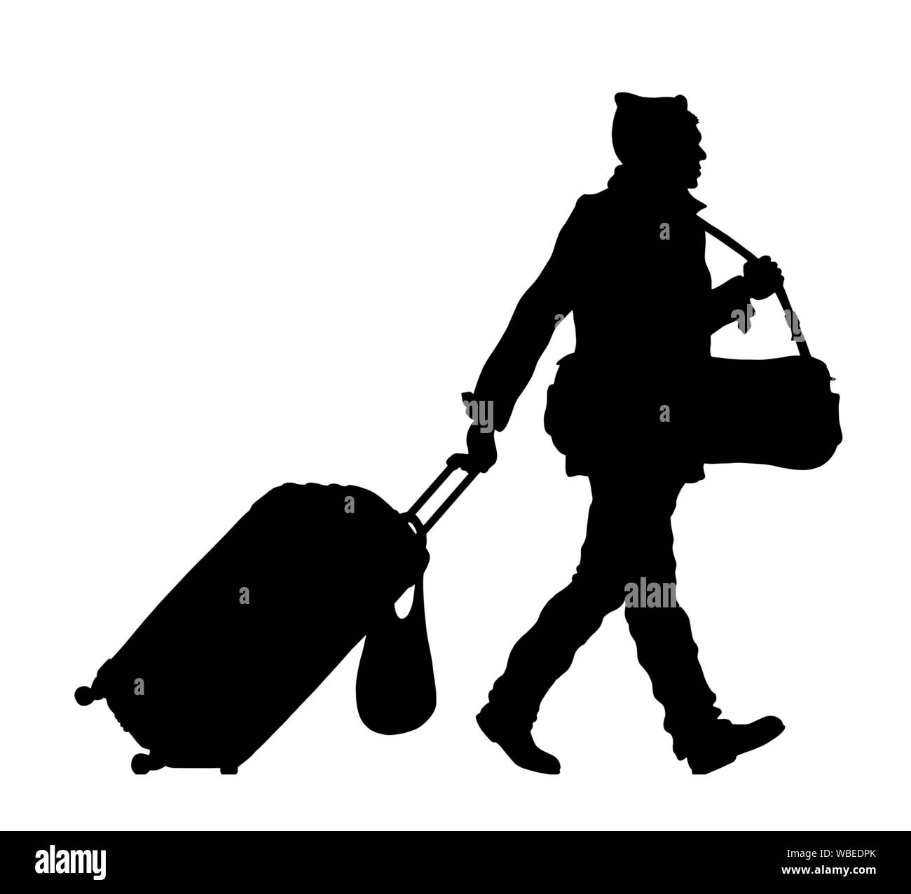 Refugee man silhouette with wheeled bag and valise. The silhouette objects and background are in different layers. Stock Vector
