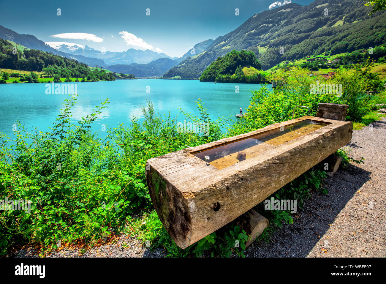 Lungern lake with Swiss Alps in the background, Obwalden, Switzerland, Europe. Stock Photo