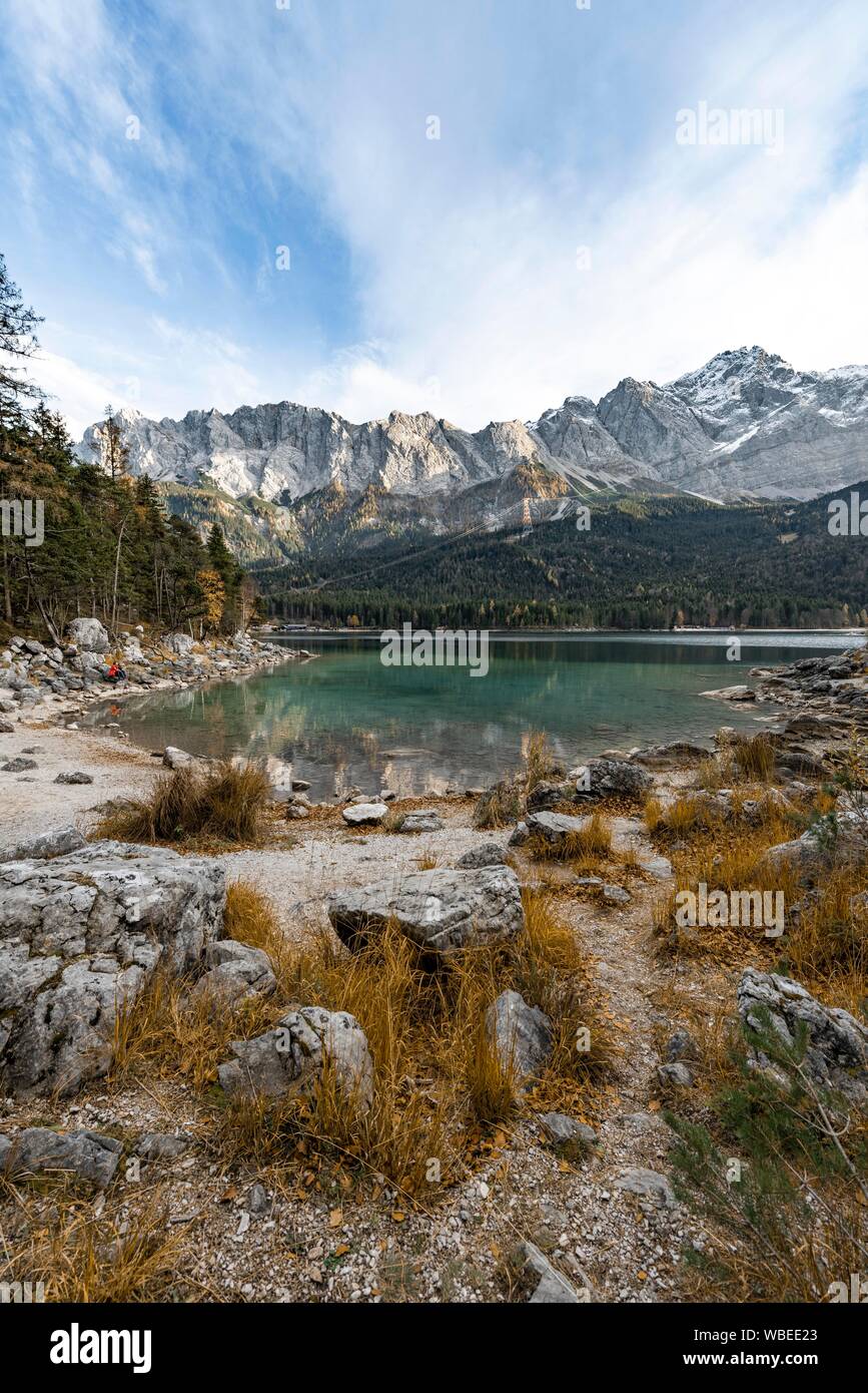 Eibsee lake in front of zugspitzmassiv with zugspitze hi-res stock ...
